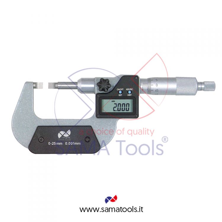 Micrometro digitale da esterni con contatti piatti per misura cave e alberi scanalati punte 0,75x6,50mm - Campo 75-100/0