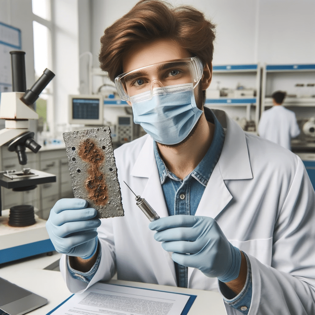 The Automatic Scribe Marks Machine for Corrosion Testing 1 DALL·E 2023 10 29 14.11.57 photo of a caucasian male technician in a corrosion testing lab holding a corroded sample without wearing glasses or a mask with advanced laborator - The Automatic Scribe Marks Machine for Corrosion Testing
