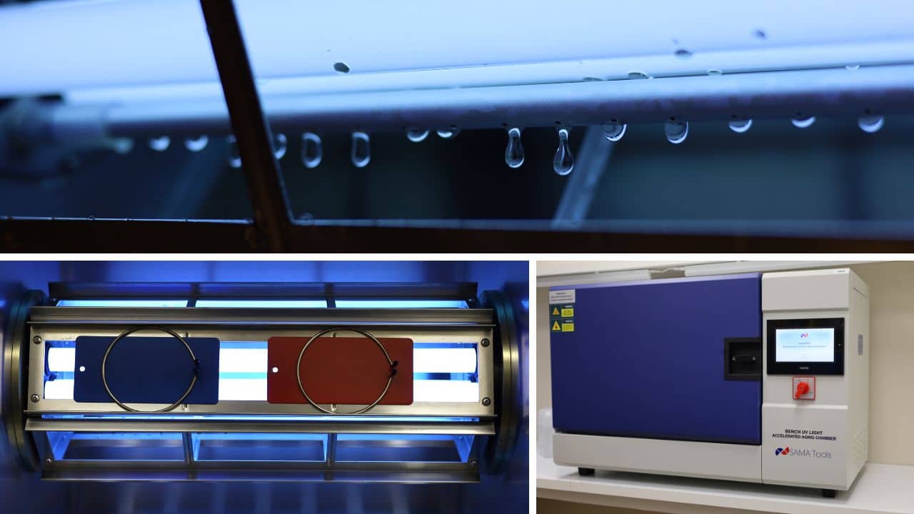Camera UV per invecchiamento accelerato: SAUV852 SAMA Tools 3 Alt tag:
Camera UV SAUV852 SAMA Tools: lampade UV, campioni su sistema di rotazione e vista esterna della macchina compatta per invecchiamento accelerato