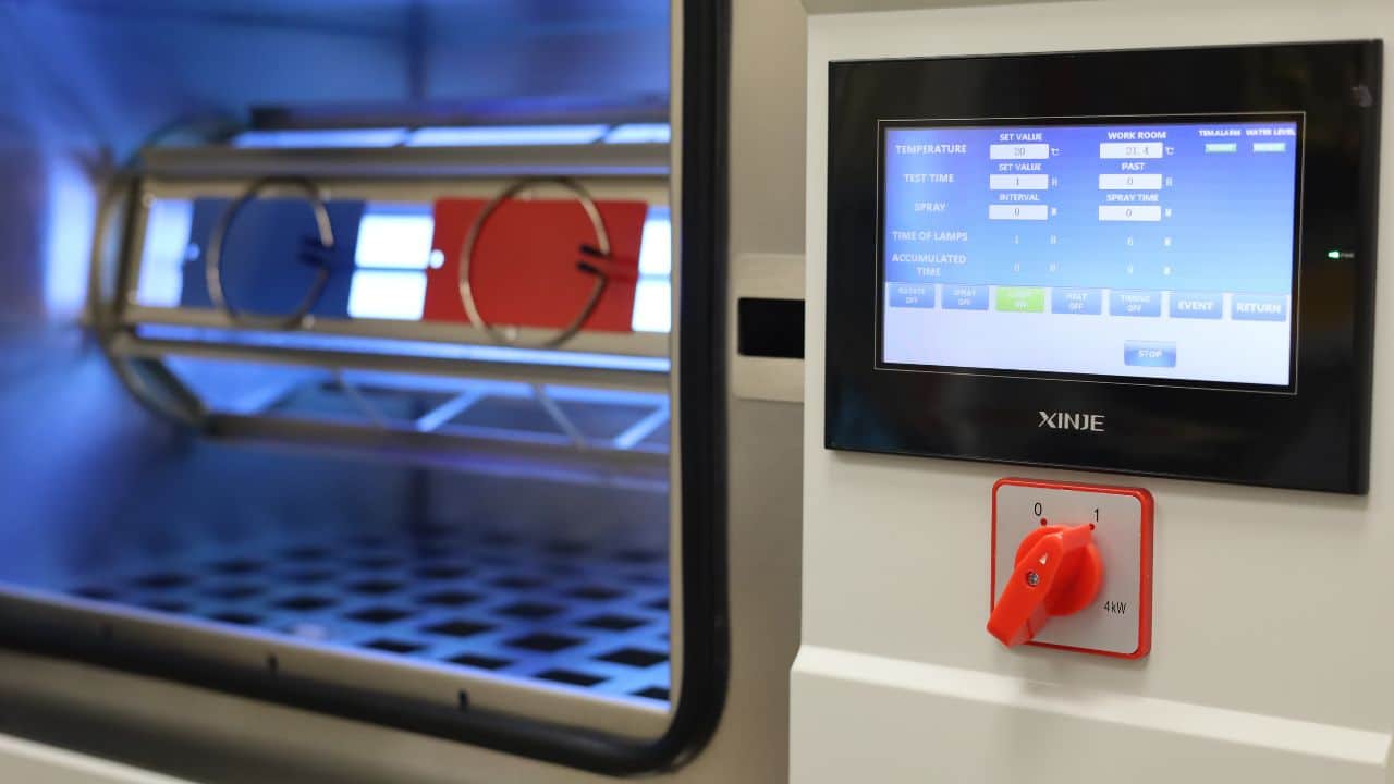 Camera UV per invecchiamento accelerato: SAUV852 SAMA Tools 2 Pannello di controllo touch screen camera UV SAUV852 con impostazione temperatura, tempi di test e intervalli di spruzzatura